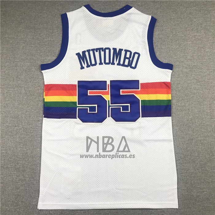 Camiseta Denver Nuggets Dikembe Mutombo NO 55 Hardwood Classics Throwback Blanco